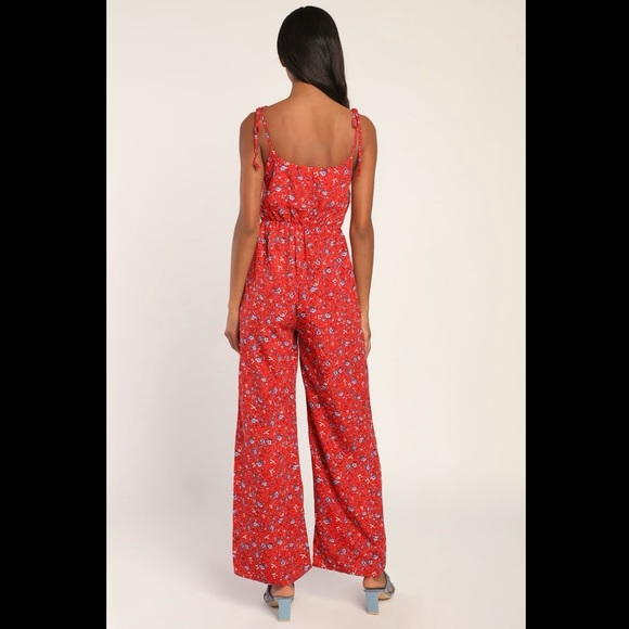 NWT LULUS Blooming Bliss Red Floral Print Tie-Strap Jumpsuit - Picture 9 of 10